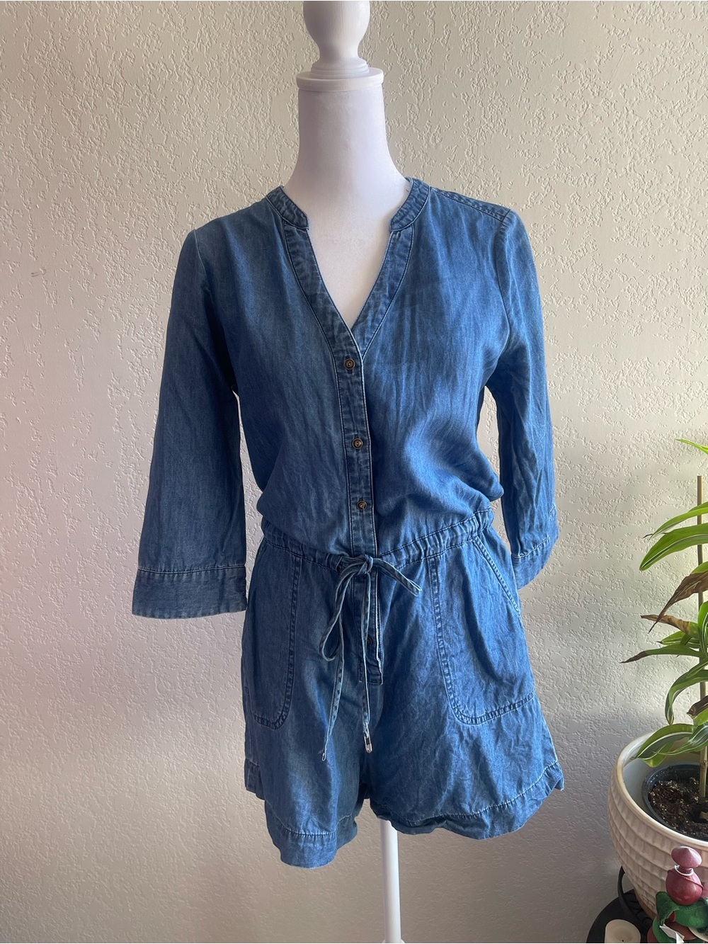 Express Denim Chambray Romper in Blue